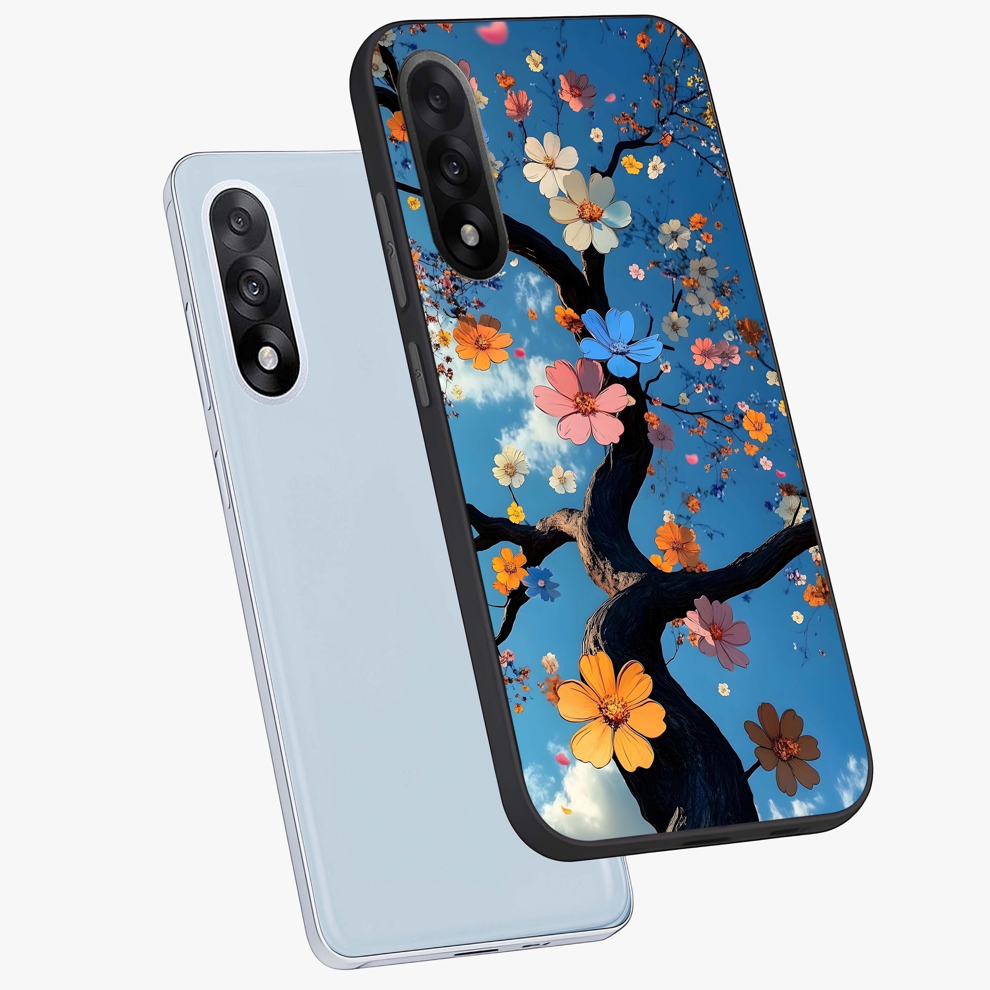 Floral Tree Glass Case for 1+Nord 5 angled mockup showcasing glossy finish and detailed branch textures