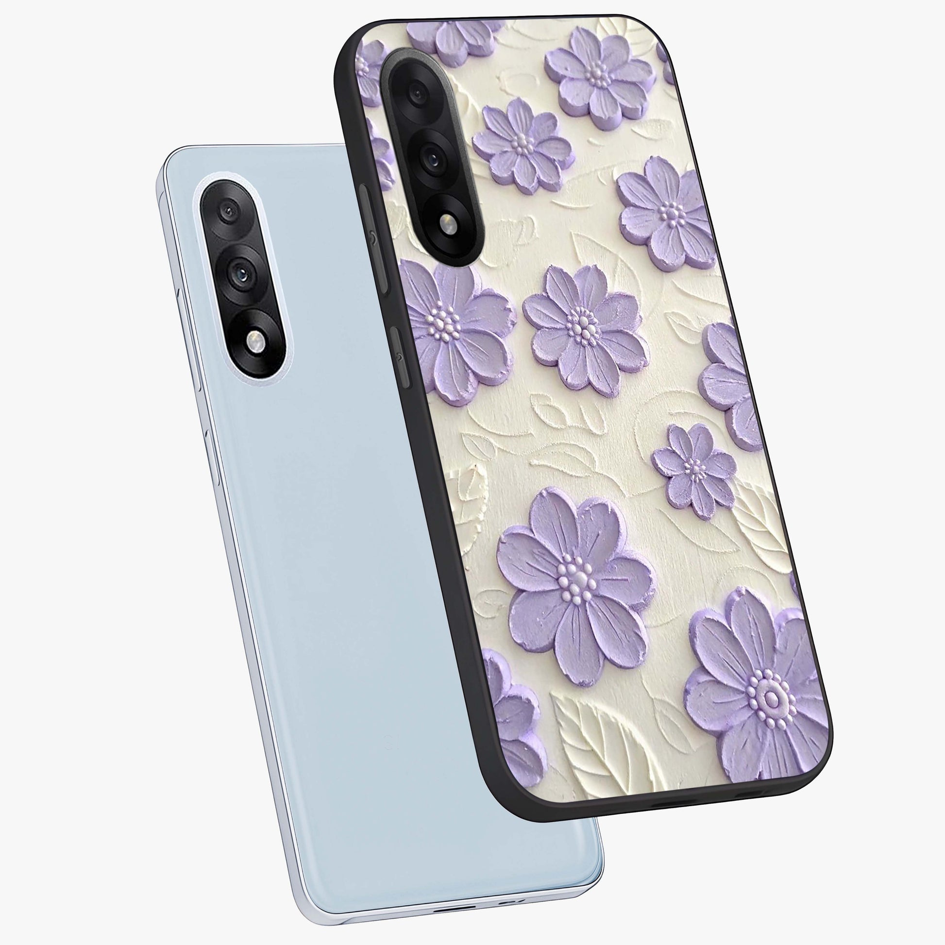 Floral Wall Art With Purple Flowers Glass Case for 1+Nord 5 angled mockup showcasing glossy finish and rich violet tones