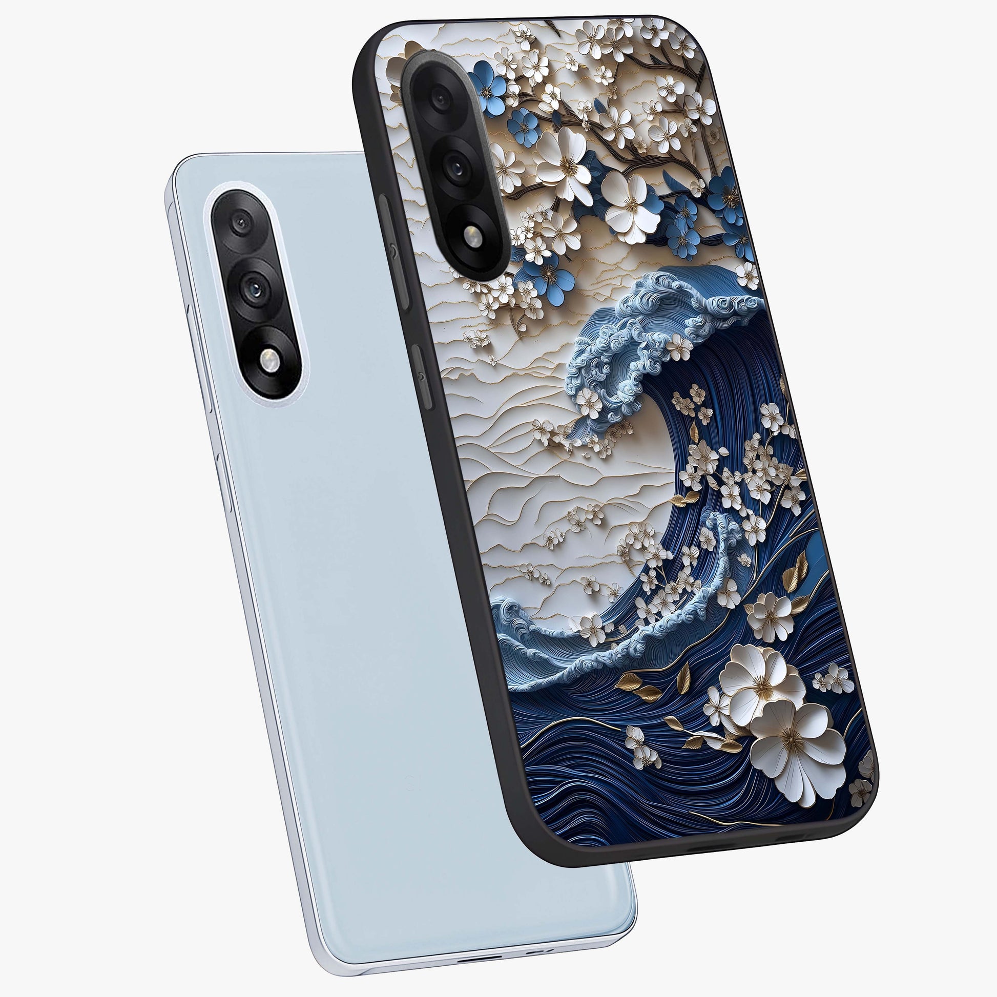 Floral Wave Origami Glass Case for 1+Nord 5 angled mockup showcasing glossy glass finish and geometric bloom detailing
