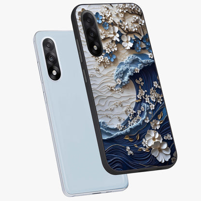 Floral Wave Origami Glass Case for 1+Nord 5 angled mockup showcasing glossy glass finish and geometric bloom detailing
