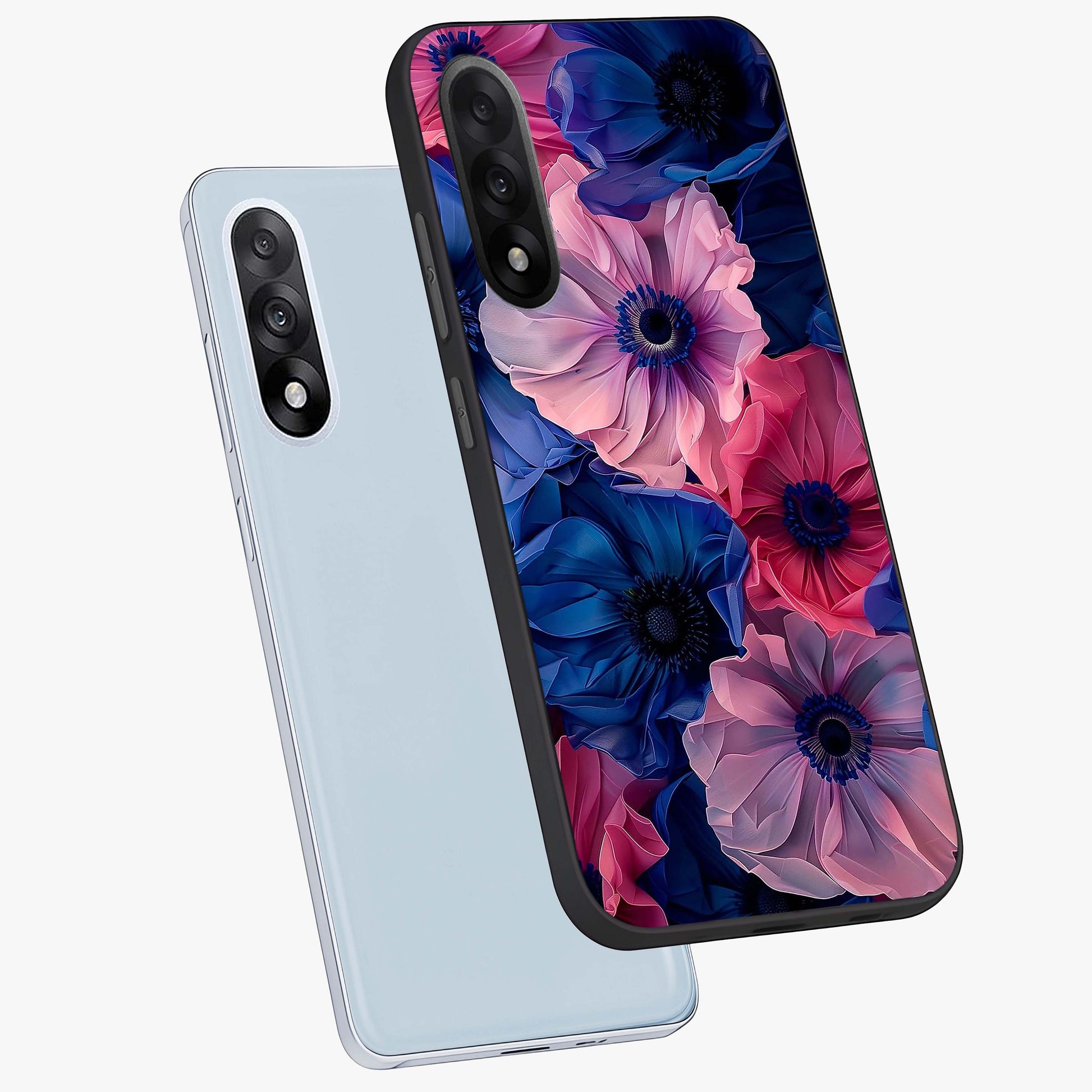 Flower Paper Art Pattern Glass Case for 1+Nord 5 angled mockup showcasing glossy finish and textured paper detailing