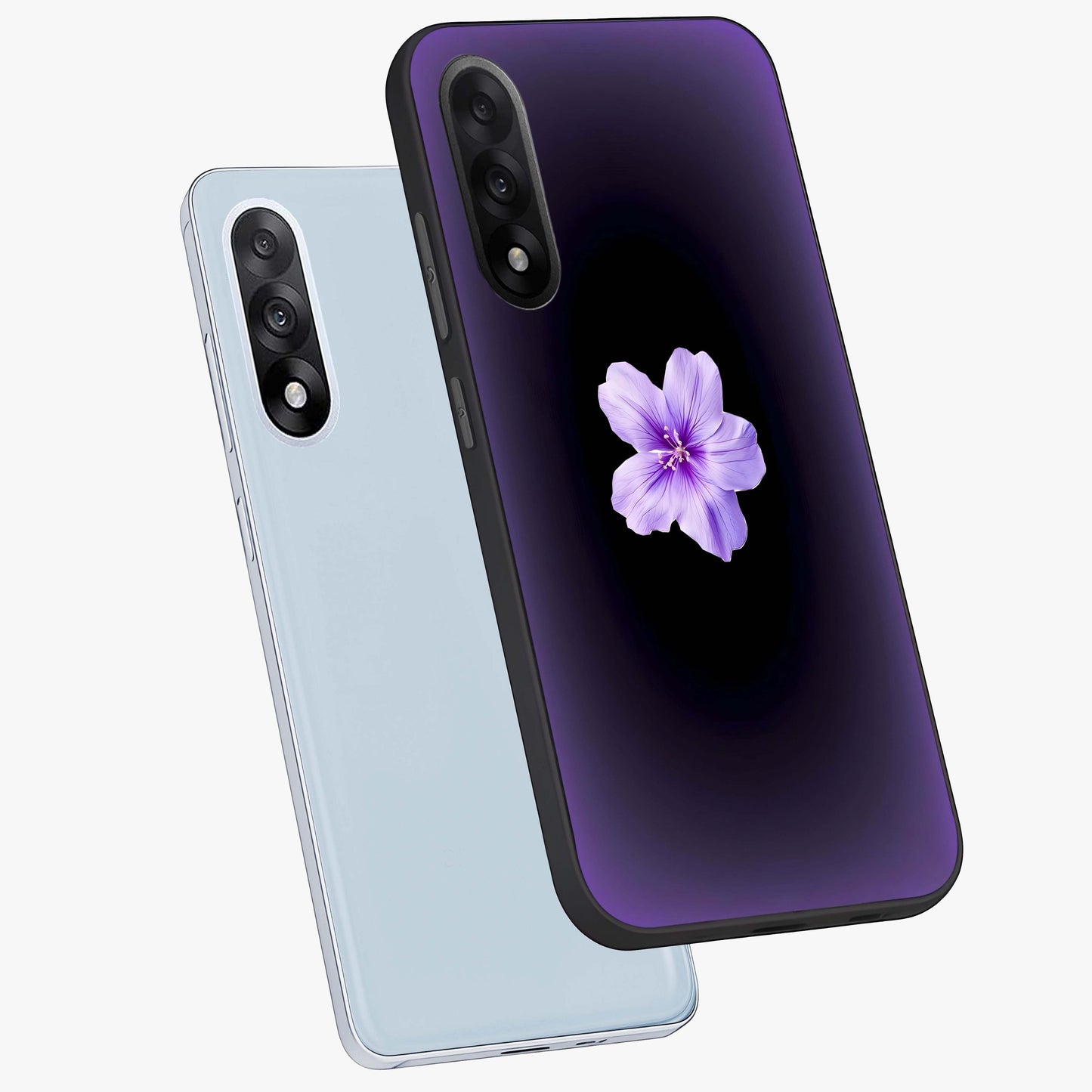 Flower on Soft Violet Gradient Glass Case for 1+Nord 5 angled mockup showcasing glossy finish and pastel purple tones