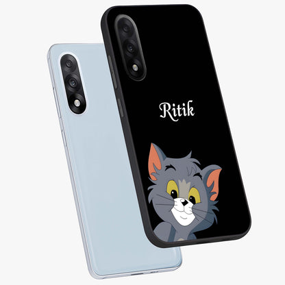 Forever Chasing Love Tom Glass Case for 1+Nord 5 angled mockup showcasing glossy finish and lively cartoon detailing