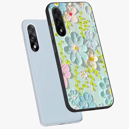 Frosted Petal Garden Glass Case for 1+Nord 5 angled mockup showcasing glossy finish and pastel bloom detailing