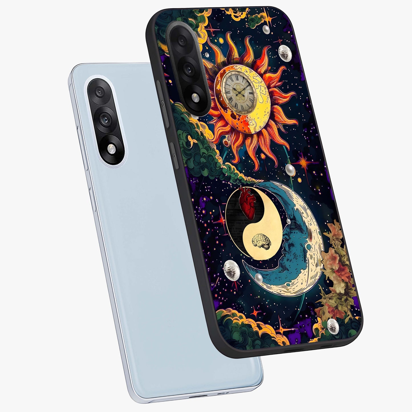 Future Universe Glass Case for 1+Nord 5 angled mockup showcasing glossy finish and vibrant space tones