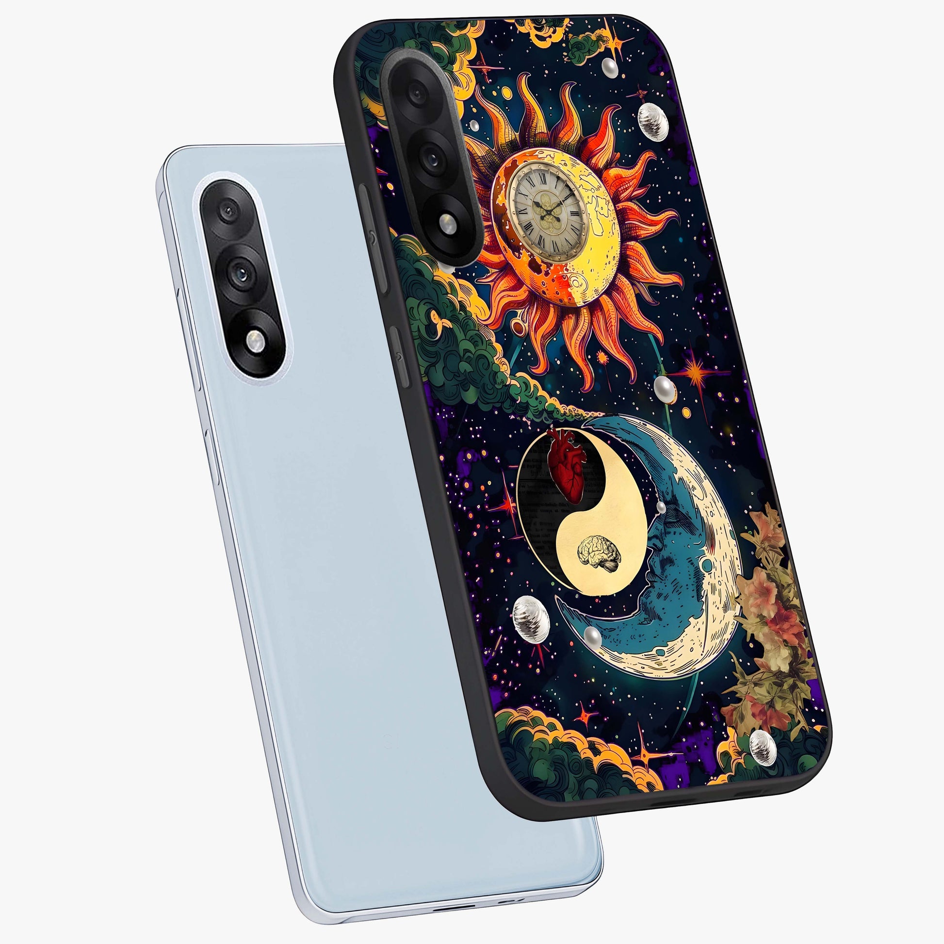 Future Universe Glass Case for 1+Nord 5 angled mockup showcasing glossy finish and vibrant space tones