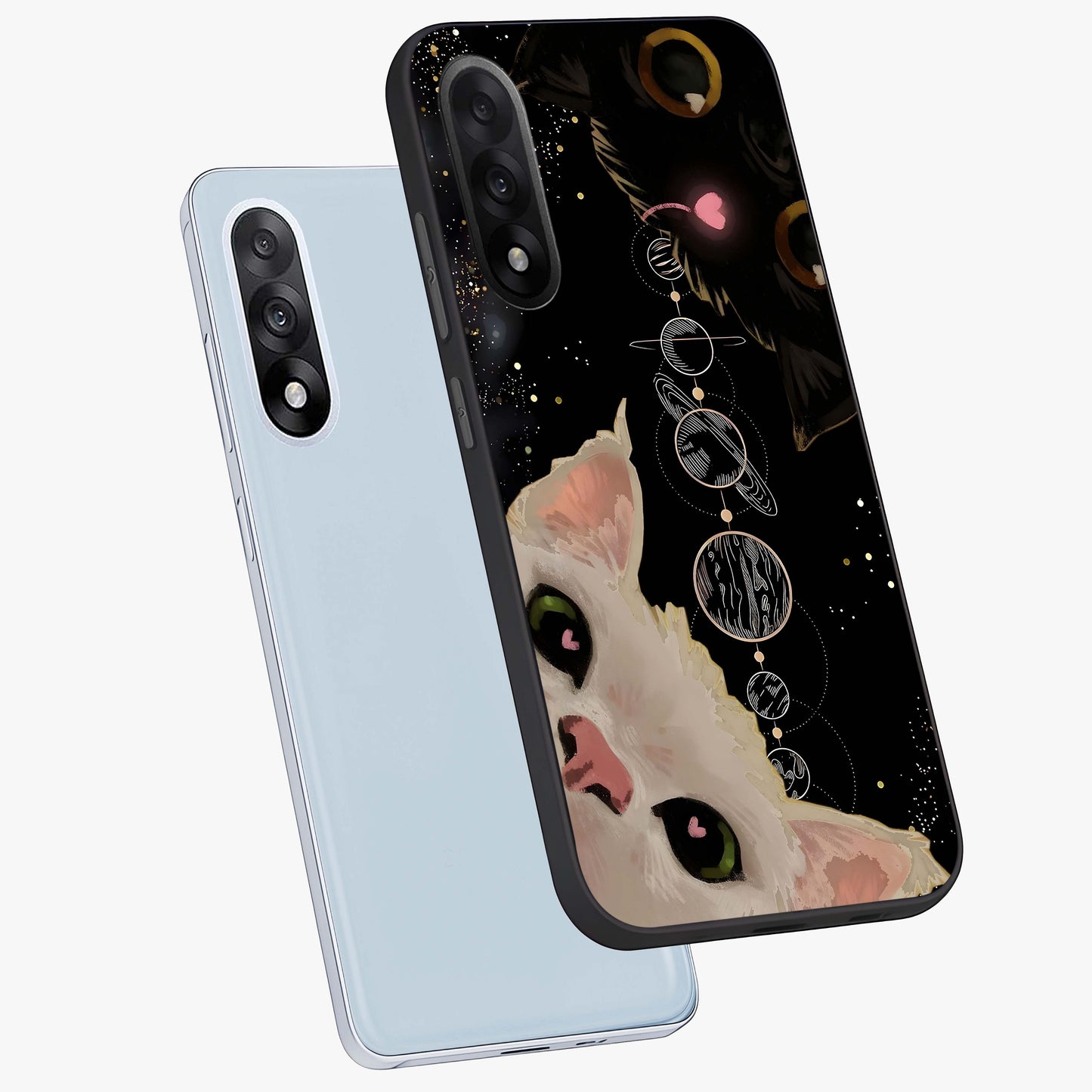 Galactic Cat Glass Case for 1+Nord 5 angled mockup showcasing glossy finish and luminous space detailing