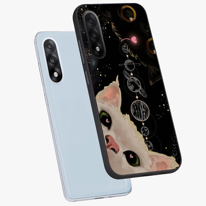 Galactic Cat Glass Case for 1+Nord 5 angled mockup showcasing glossy finish and luminous space detailing