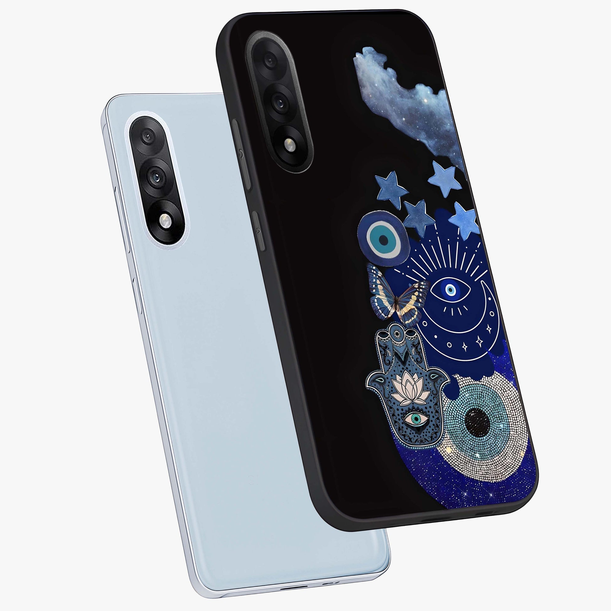 Galactic Charm Cluster Glass Case for 1+Nord 5 angled mockup showcasing glossy finish and vibrant star detailing