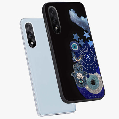 Galactic Charm Cluster Glass Case for 1+Nord 5 angled mockup showcasing glossy finish and vibrant star detailing