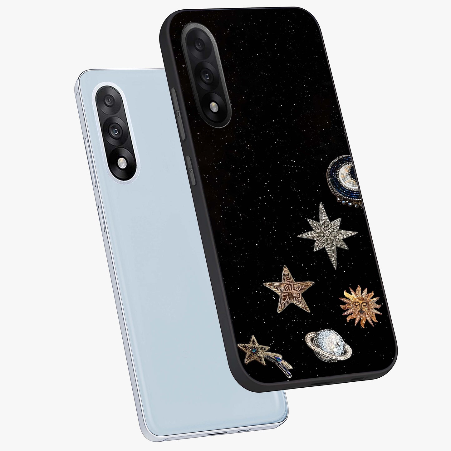 Galactic Charm Glow Glass Case for 1+Nord 5 angled mockup showcasing glossy glass finish and luminous galaxy tones