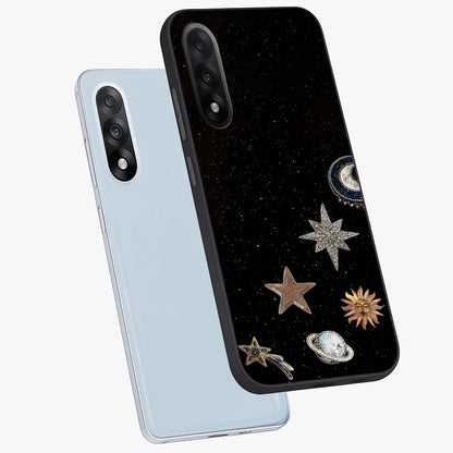Galactic Charm Glow Glass Case for 1+Nord 5 angled mockup showcasing glossy glass finish and luminous galaxy tones