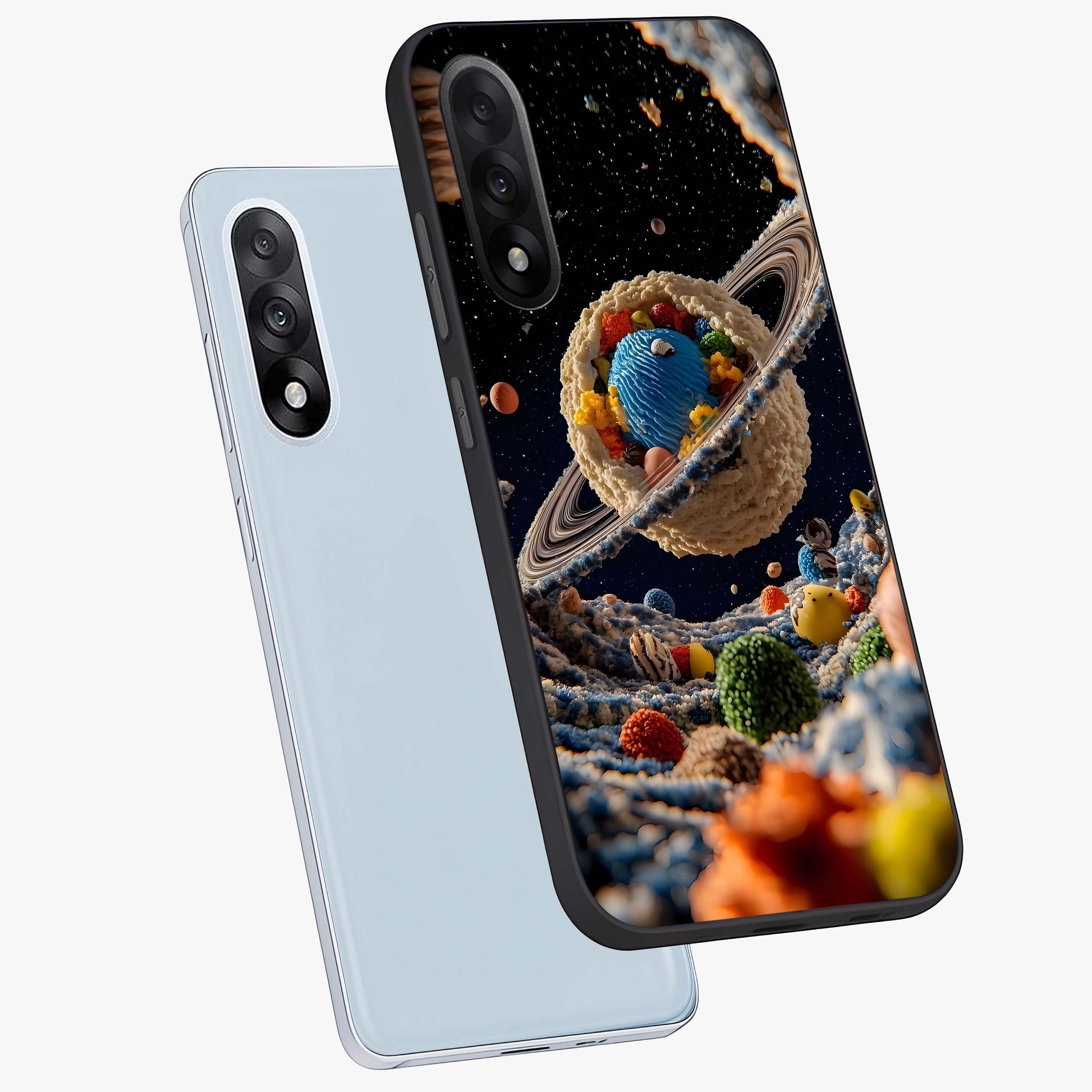 Galactic Dessert Dream Printed Glass Case for 1+Nord 5 angled mockup showcasing glossy finish and colorful galaxy tones