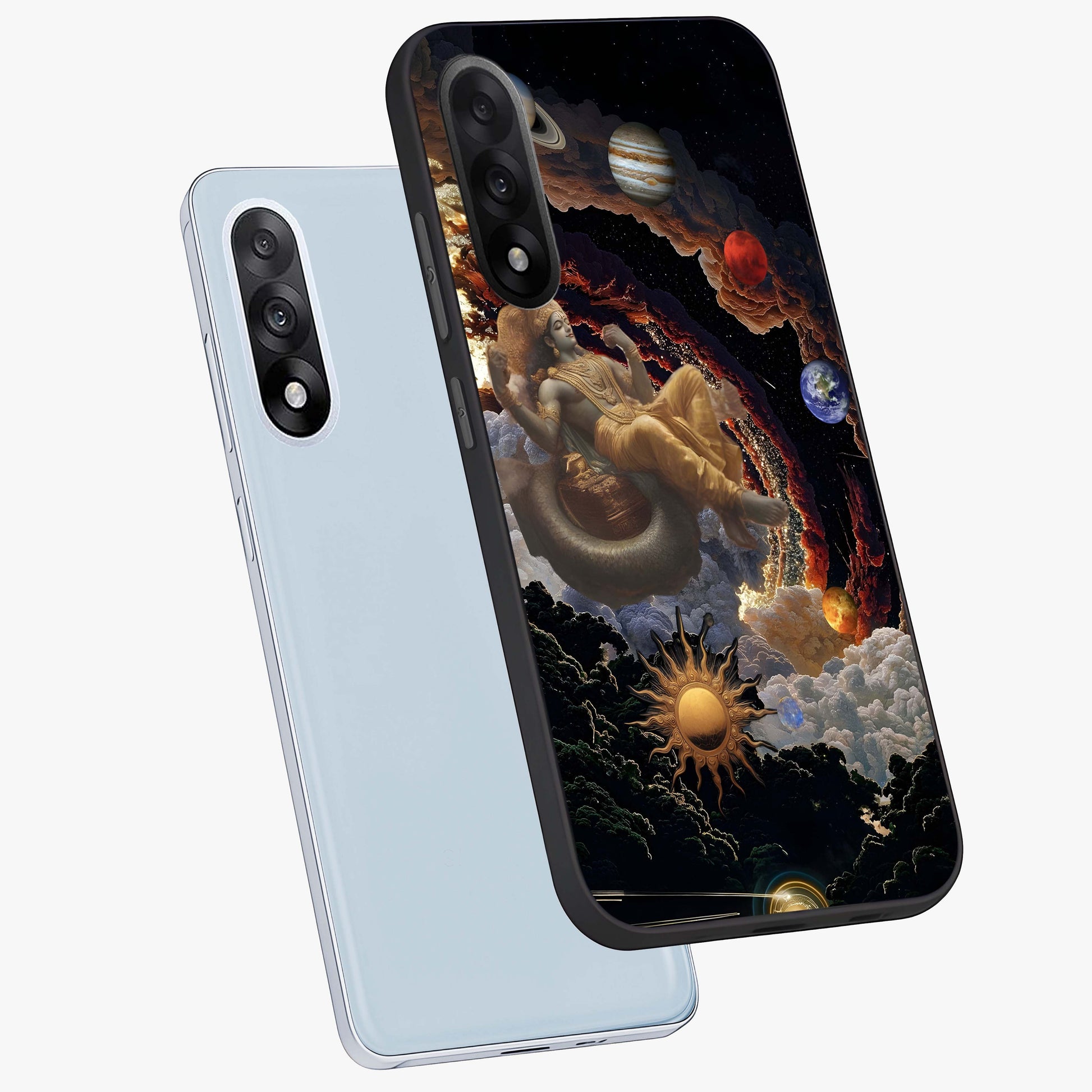 Galactic Divine God Glass Case for 1+Nord 5 angled mockup showcasing glossy finish and celestial spiritual tones