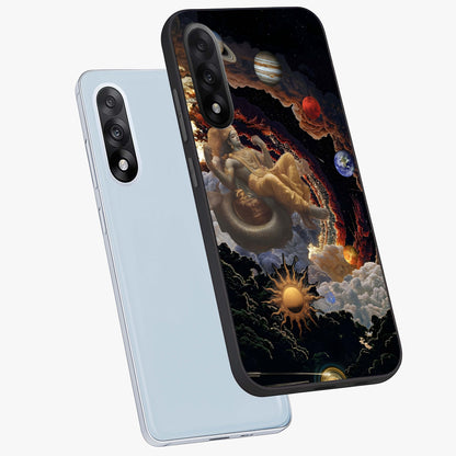 Galactic Divine God Glass Case for 1+Nord 5 angled mockup showcasing glossy finish and celestial spiritual tones