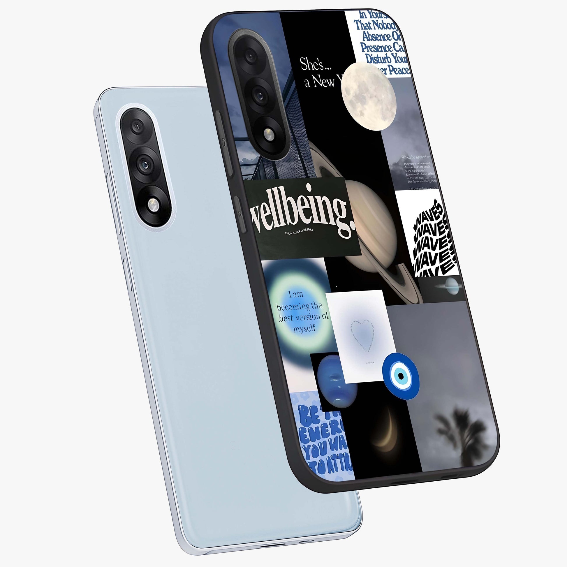 Galactic Energy Collage Glass Case for 1+Nord 5 angled mockup showcasing glossy finish and vibrant space textures