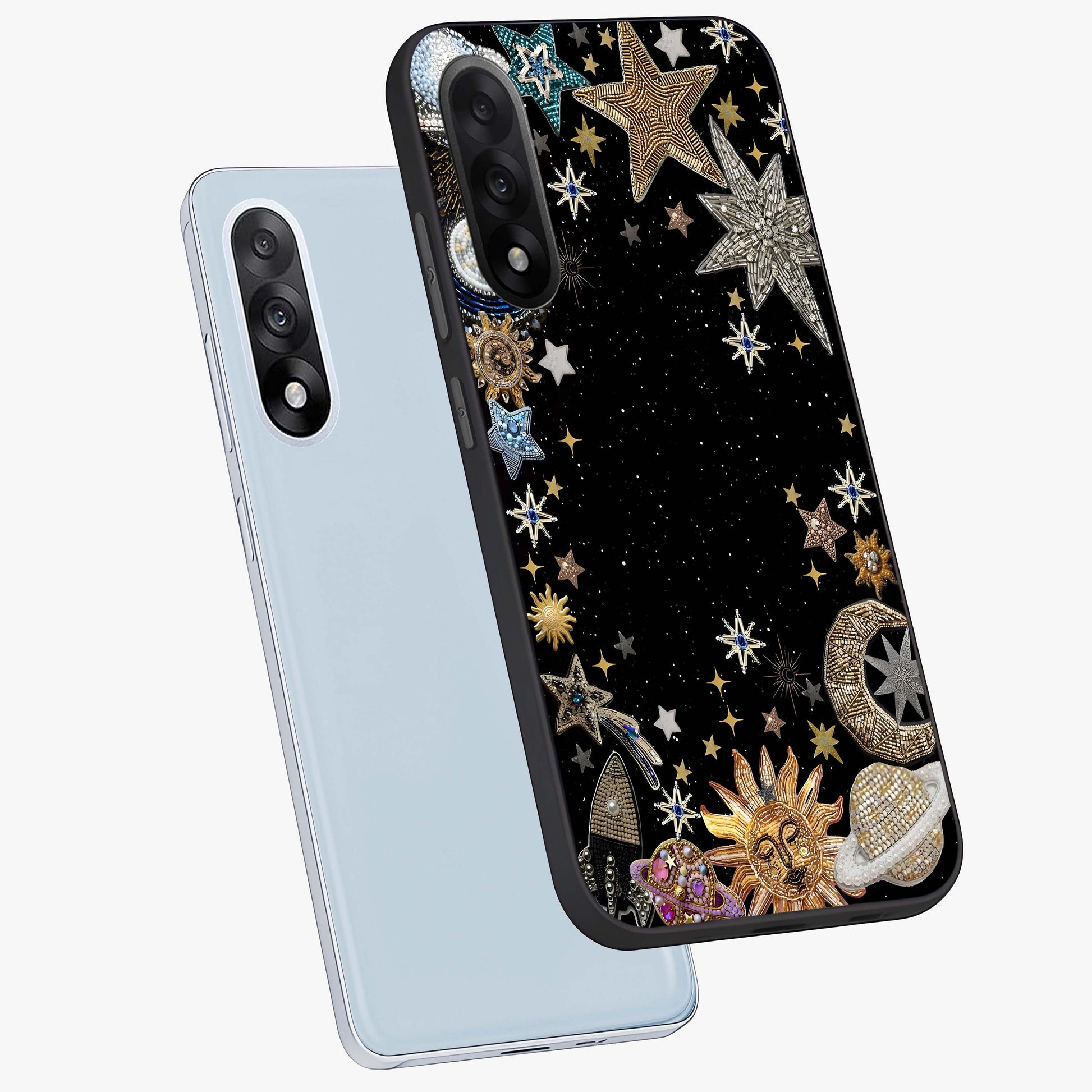 Galactic Jewel Stars Glass Case for 1+Nord 5 angled mockup showcasing glossy finish and radiant cosmic tones