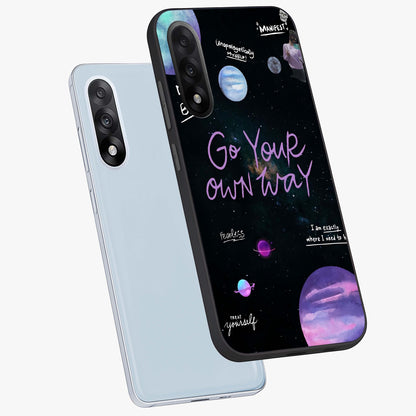 Galactic Vibes Universe Glass Case for 1+Nord 5 angled mockup showcasing glossy finish and deep space gradients