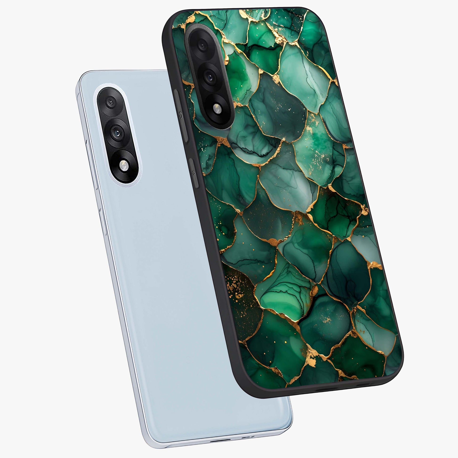 Geometric Polyester Pattern Glass Case for 1+Nord 5 angled mockup showcasing glossy finish and clean structured detailing