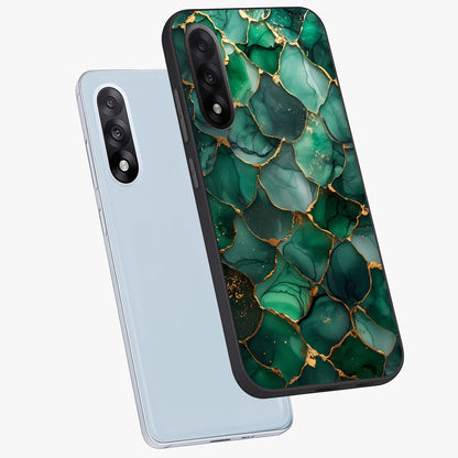 Geometric Polyester Pattern Glass Case for 1+Nord 5 angled mockup showcasing glossy finish and clean structured detailing