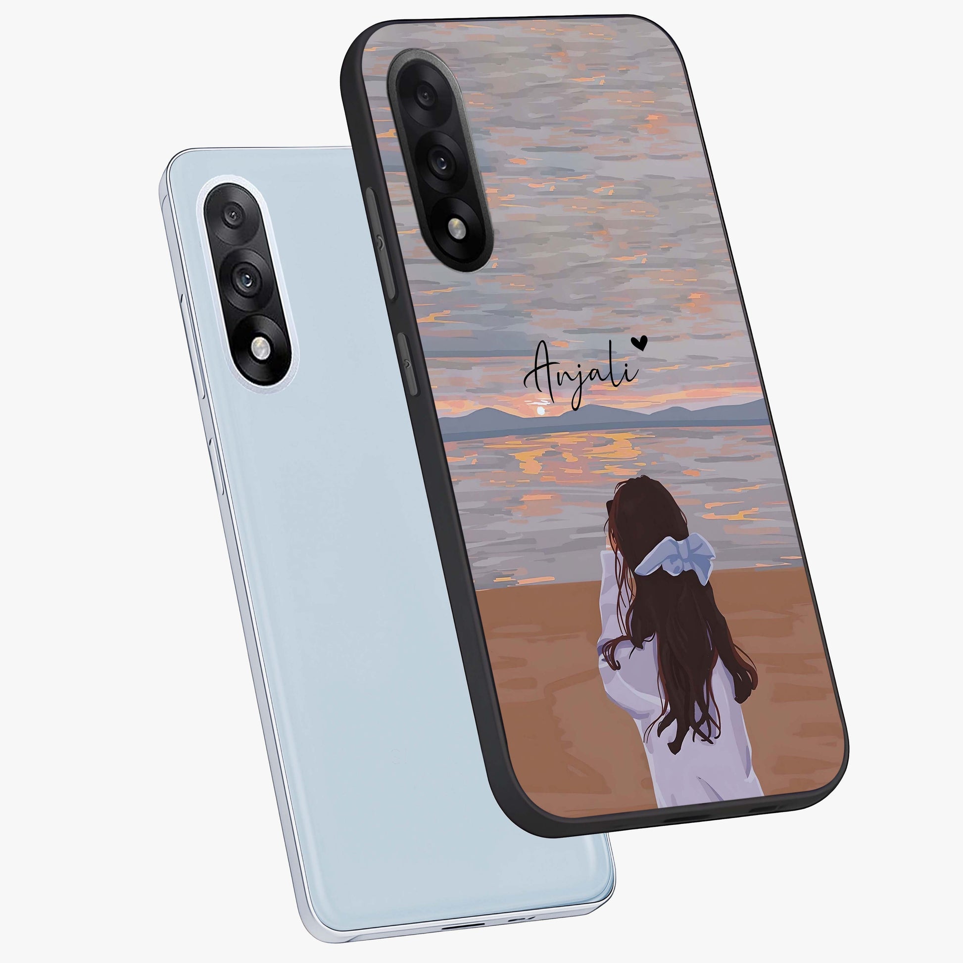 Girl Facing Sunset Beach Glass Case for 1+Nord 5 angled mockup showcasing glossy glass finish and warm beach tones
