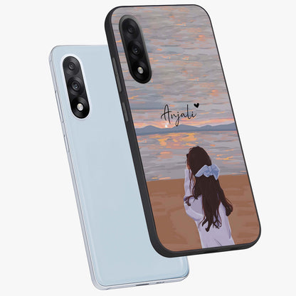 Girl Facing Sunset Beach Glass Case for 1+Nord 5 angled mockup showcasing glossy glass finish and warm beach tones