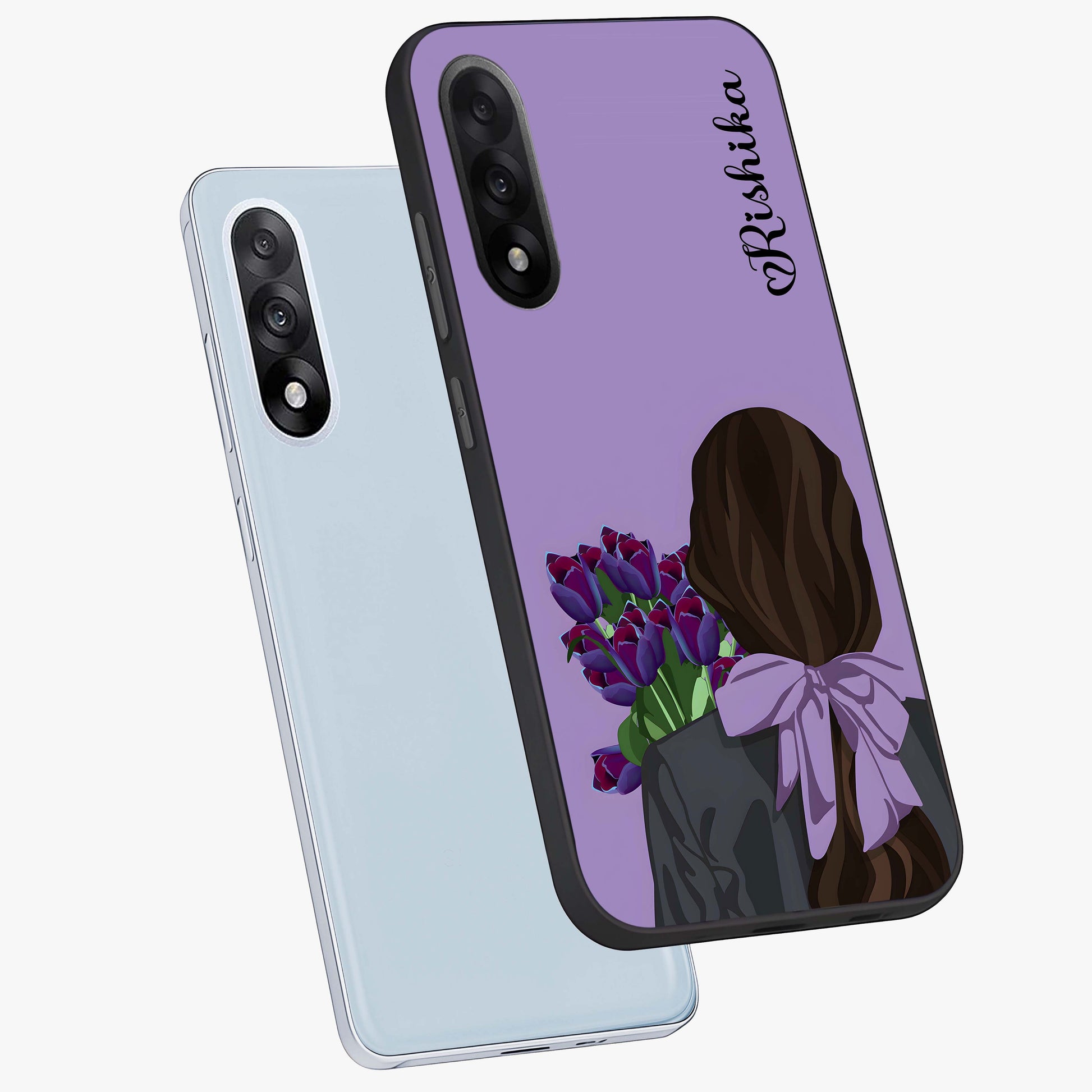 Girl Holding Flowers Glass Case for 1+Nord 5 angled mockup showcasing glossy finish and pastel bloom tones