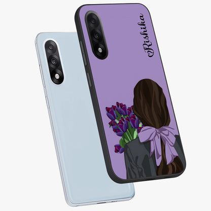 Girl Holding Flowers Glass Case for 1+Nord 5 angled mockup showcasing glossy finish and pastel bloom tones