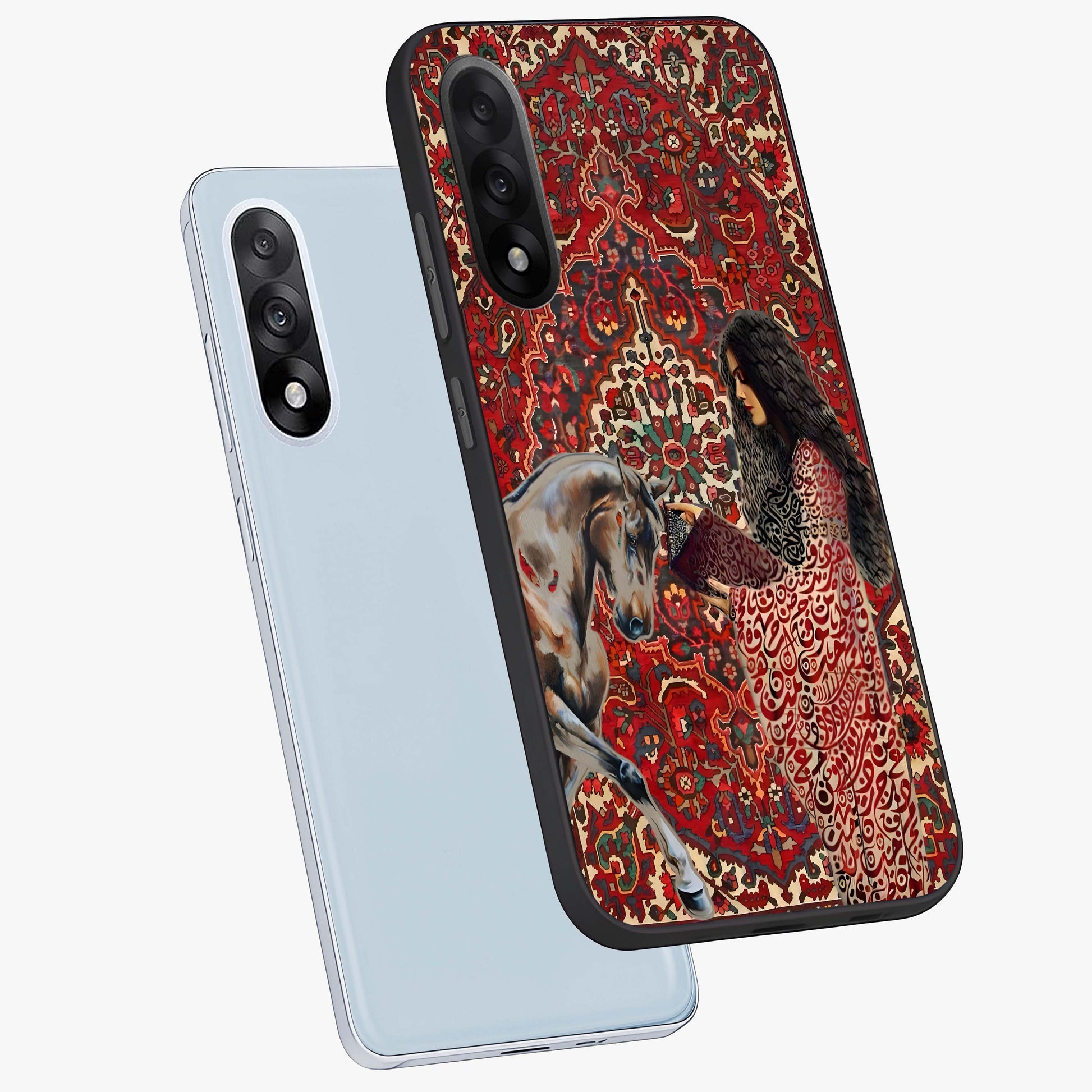 Girl With Horse Glass Case for 1+Nord 5 angled mockup showcasing glossy finish and serene countryside tones