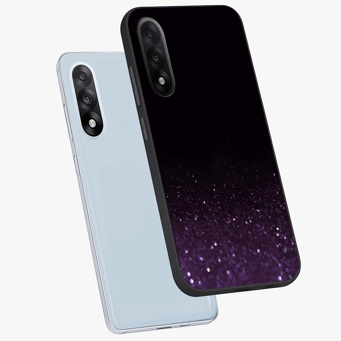 Glittery Purple Bokeh Glass Case for 1+Nord 5 angled mockup showcasing glossy finish and luminous shimmer tones
