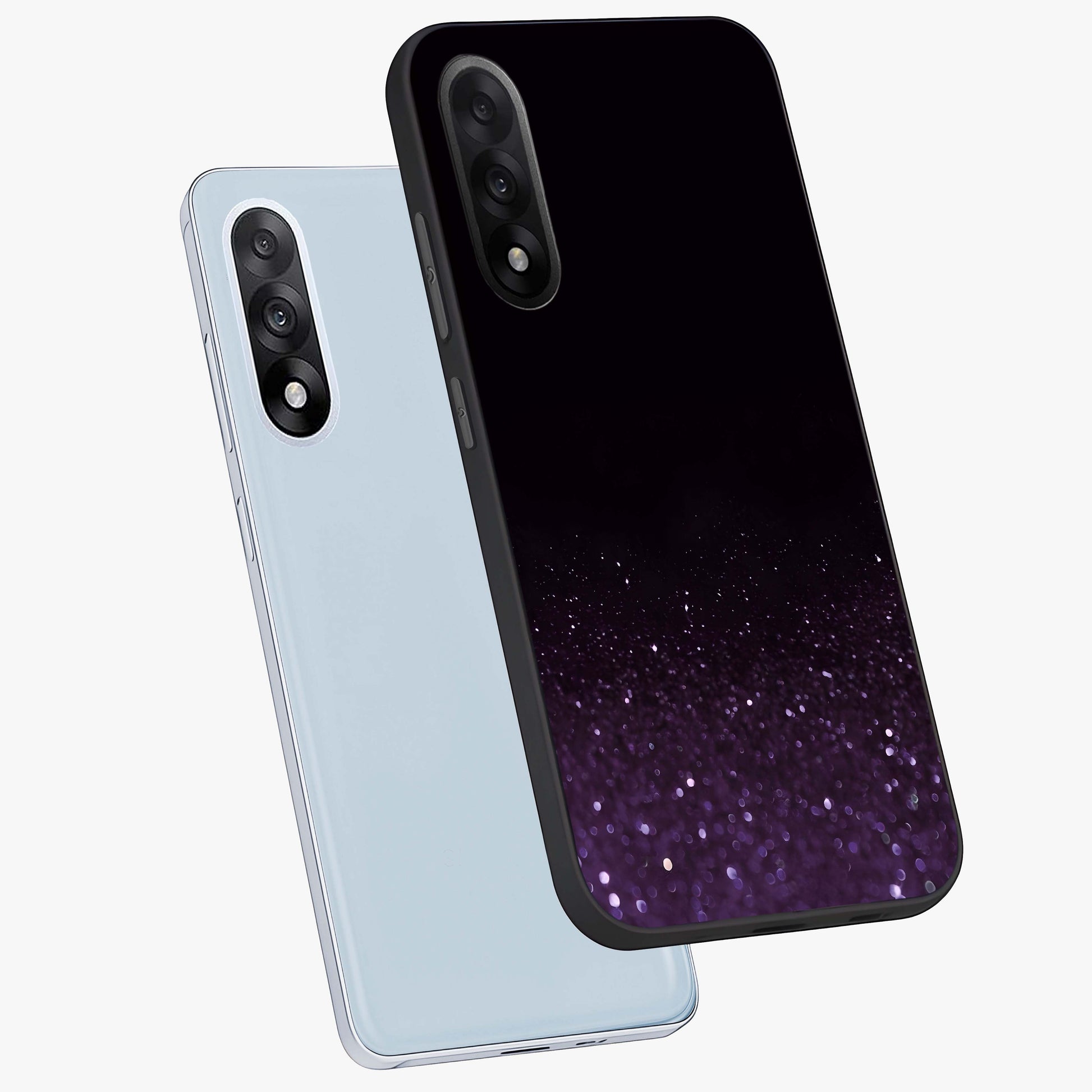 Glittery Purple Bokeh Glass Case for 1+Nord 5 angled mockup showcasing glossy finish and luminous shimmer tones