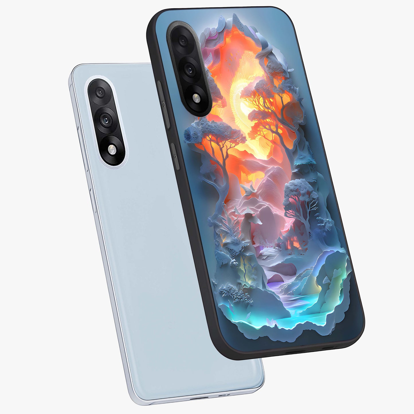 Glow Forest Portal Glass Case for 1+Nord 5 angled mockup showcasing glossy finish and luminous green tones
