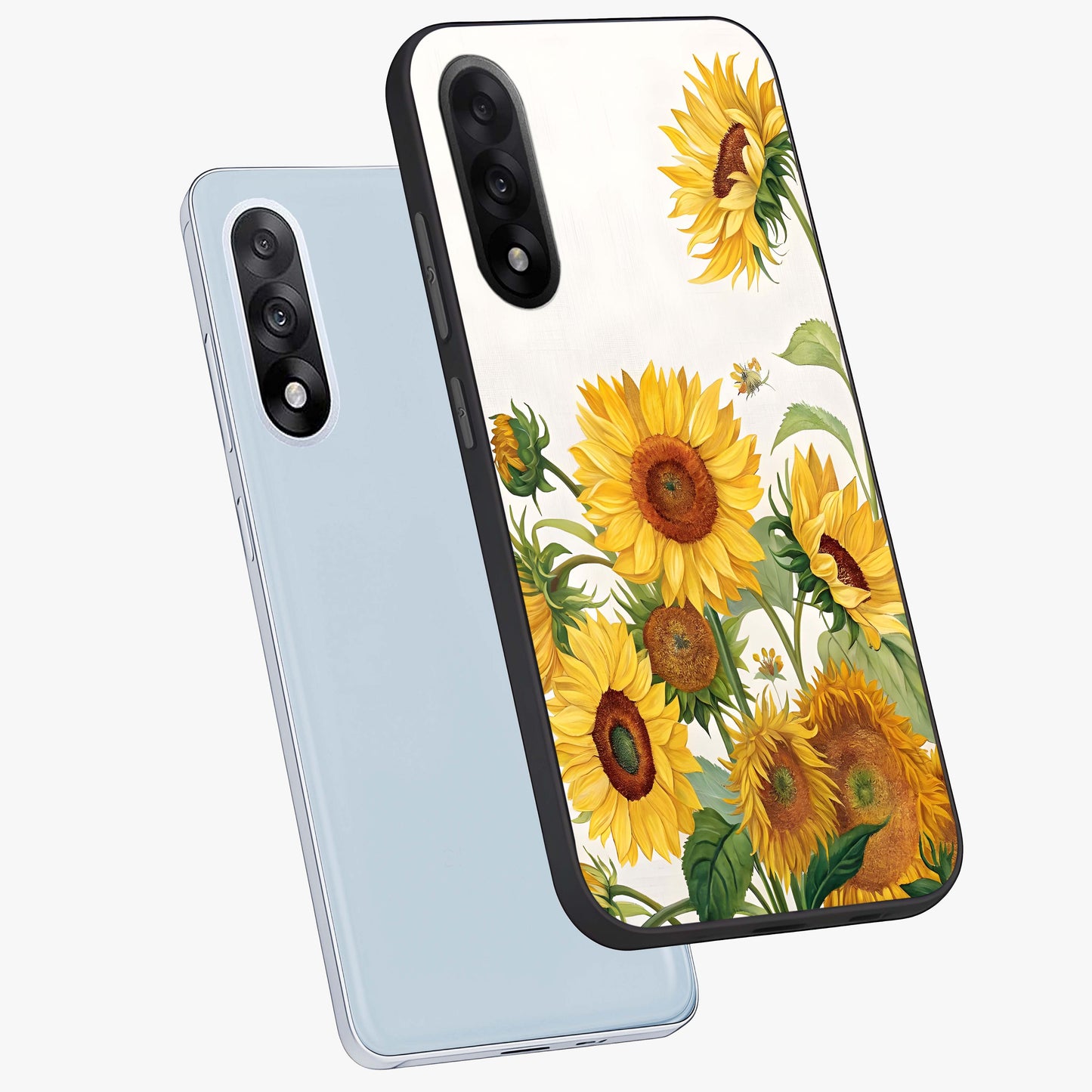 Golden Bloom Fields Glass Case for 1+Nord 5 angled mockup showcasing glossy finish and warm golden gradients
