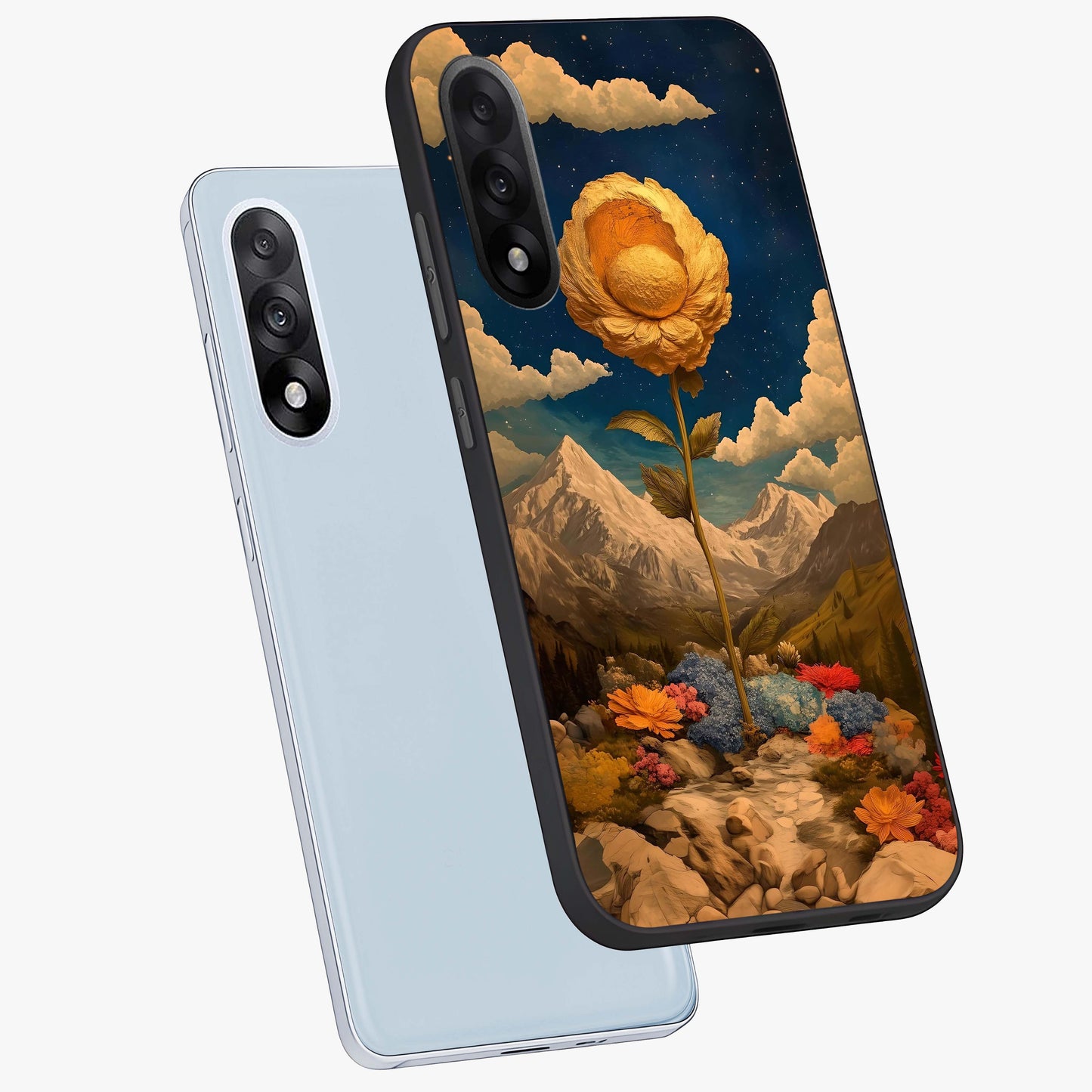 Golden Bloom Night Glass Case for 1+Nord 5 angled mockup showcasing glossy glass finish and rich night tones