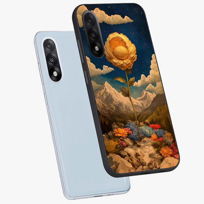 Golden Bloom Night Glass Case for 1+Nord 5 angled mockup showcasing glossy glass finish and rich night tones