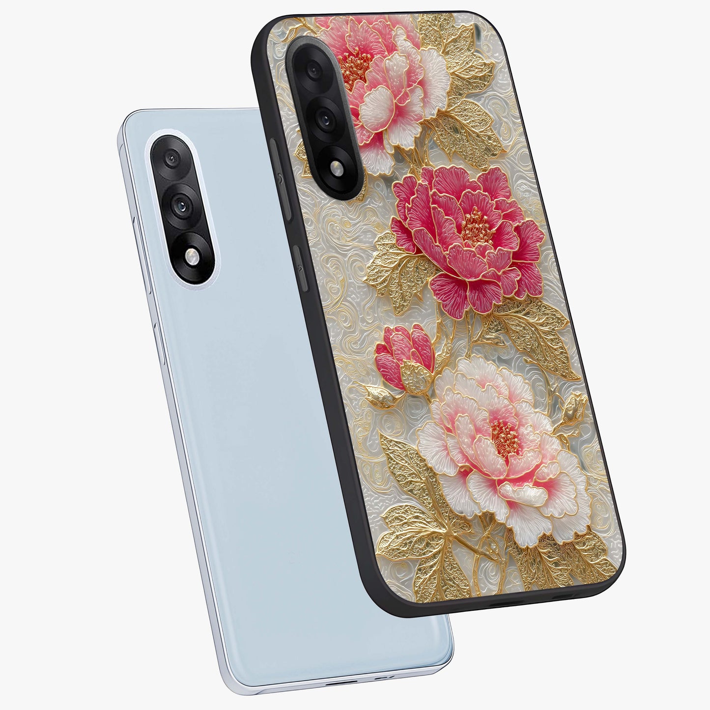 Golden Blossom Elegance Glass Case for 1+Nord 5 angled mockup showcasing glossy finish and luxurious bloom tones