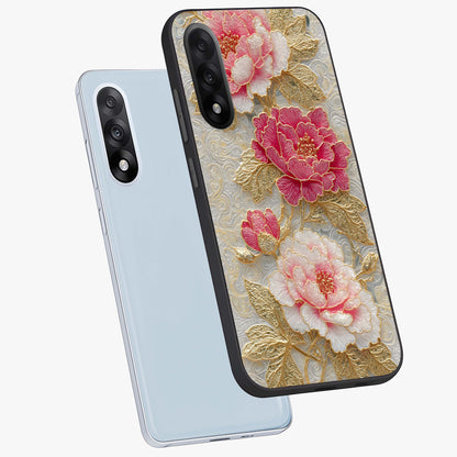 Golden Blossom Elegance Glass Case for 1+Nord 5 angled mockup showcasing glossy finish and luxurious bloom tones