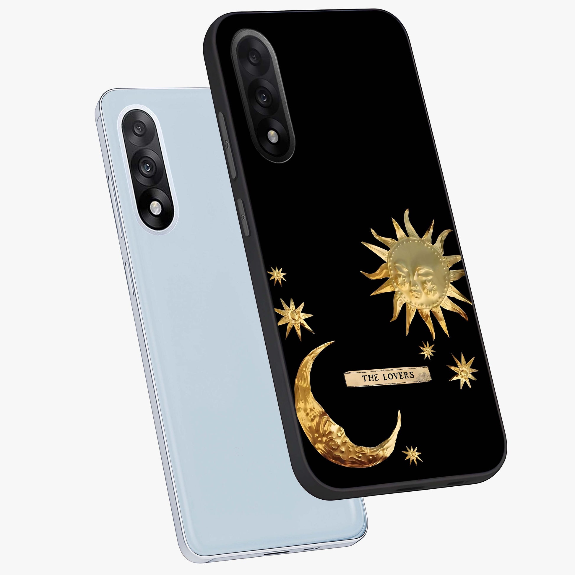 Golden Celestial Charm Glass Case for 1+Nord 5 angled mockup showcasing glossy finish and shimmering cosmic tones