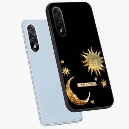 Golden Celestial Charm Glass Case for 1+Nord 5 angled mockup showcasing glossy finish and shimmering cosmic tones