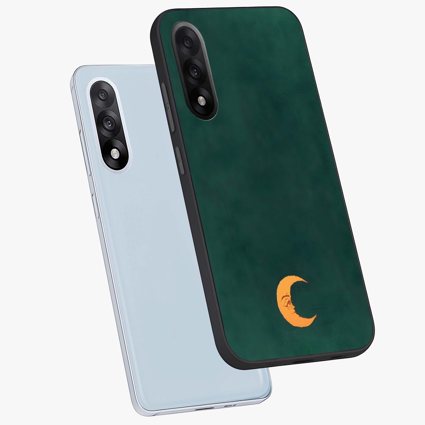 Golden Crescent Mood Glass Case for 1+Nord 5 angled mockup showcasing glossy finish and subtle night gradients