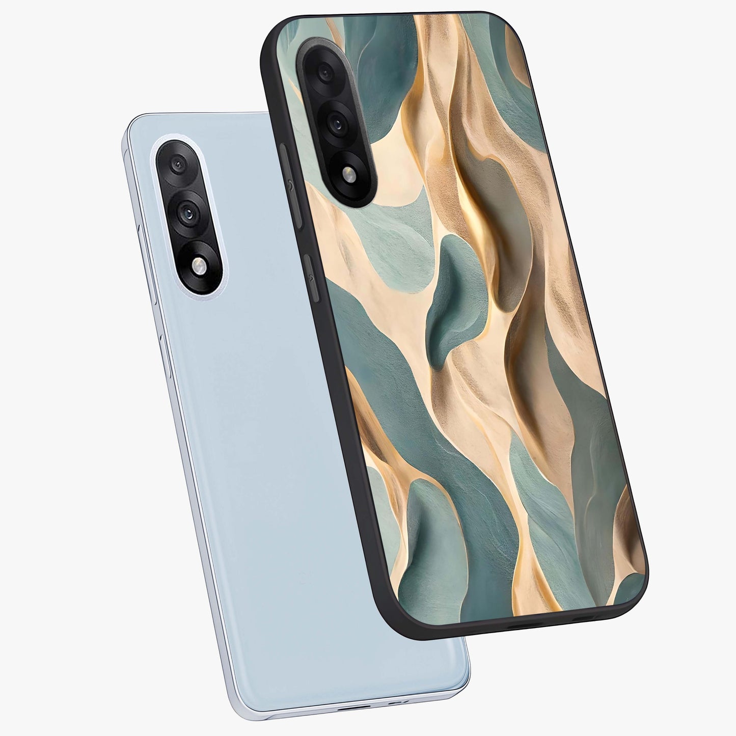 Golden Dune Waves Glass Case for 1+Nord 5 angled mockup showcasing glossy finish and smooth wave textures