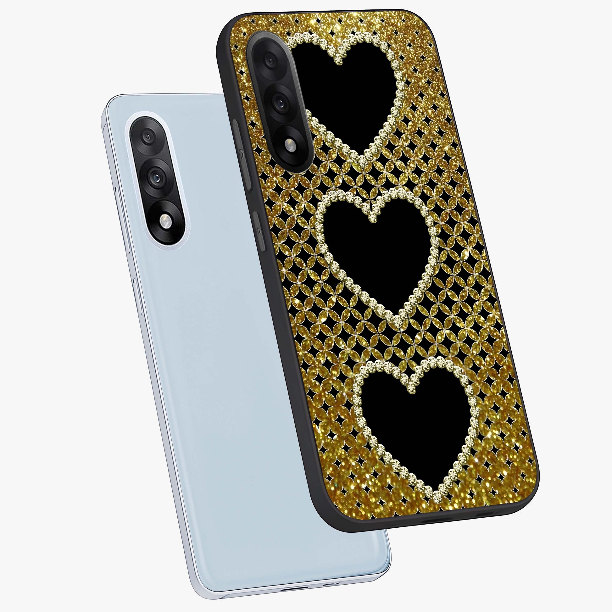 Golden Heart Glow Glass Case for 1+Nord 5 angled mockup showcasing glossy finish and radiant warm tones