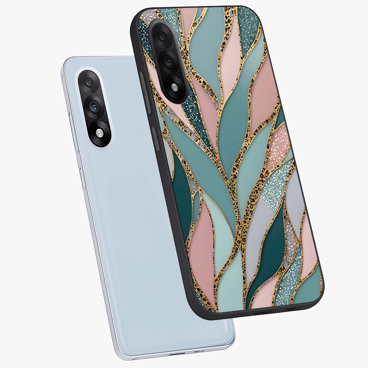 Golden Leaf Dreams Glass Case for 1+Nord 5 angled mockup showcasing glossy finish and refined botanical tones