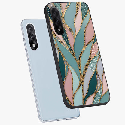 Golden Leaf Dreams Glass Case for 1+Nord 5 angled mockup showcasing glossy finish and refined botanical tones