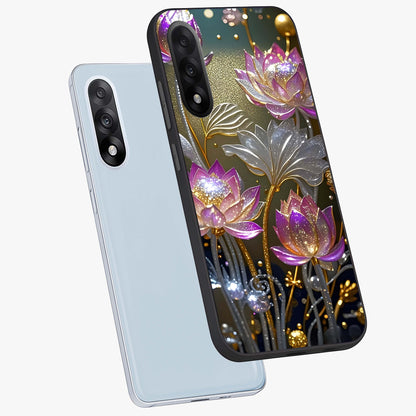 Golden Lotus Glow Glass Case for 1+Nord 5 angled mockup showcasing glossy finish and luminous spiritual tones