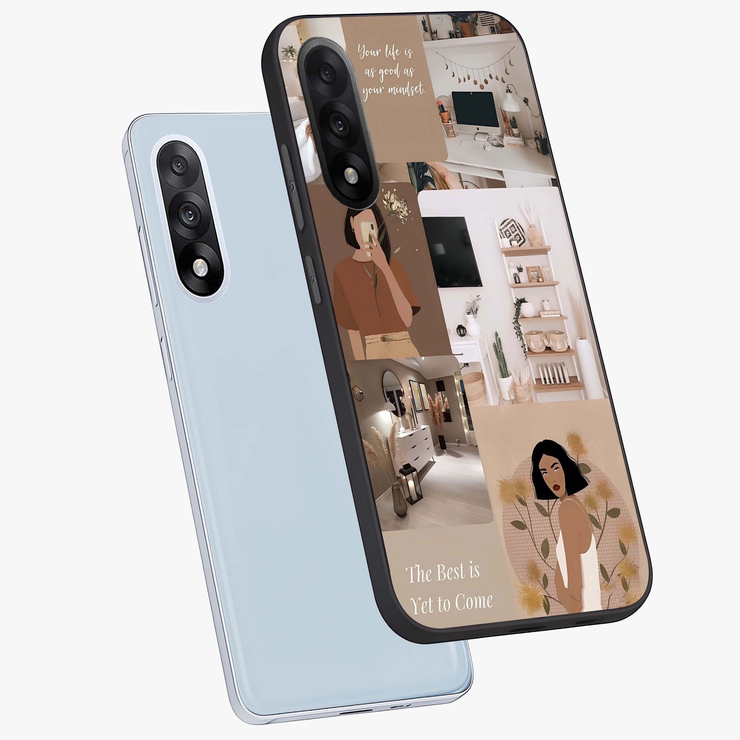 Golden Mind Moment Glass Case for 1+Nord 5 angled mockup showcasing glossy finish and rich warm gradients