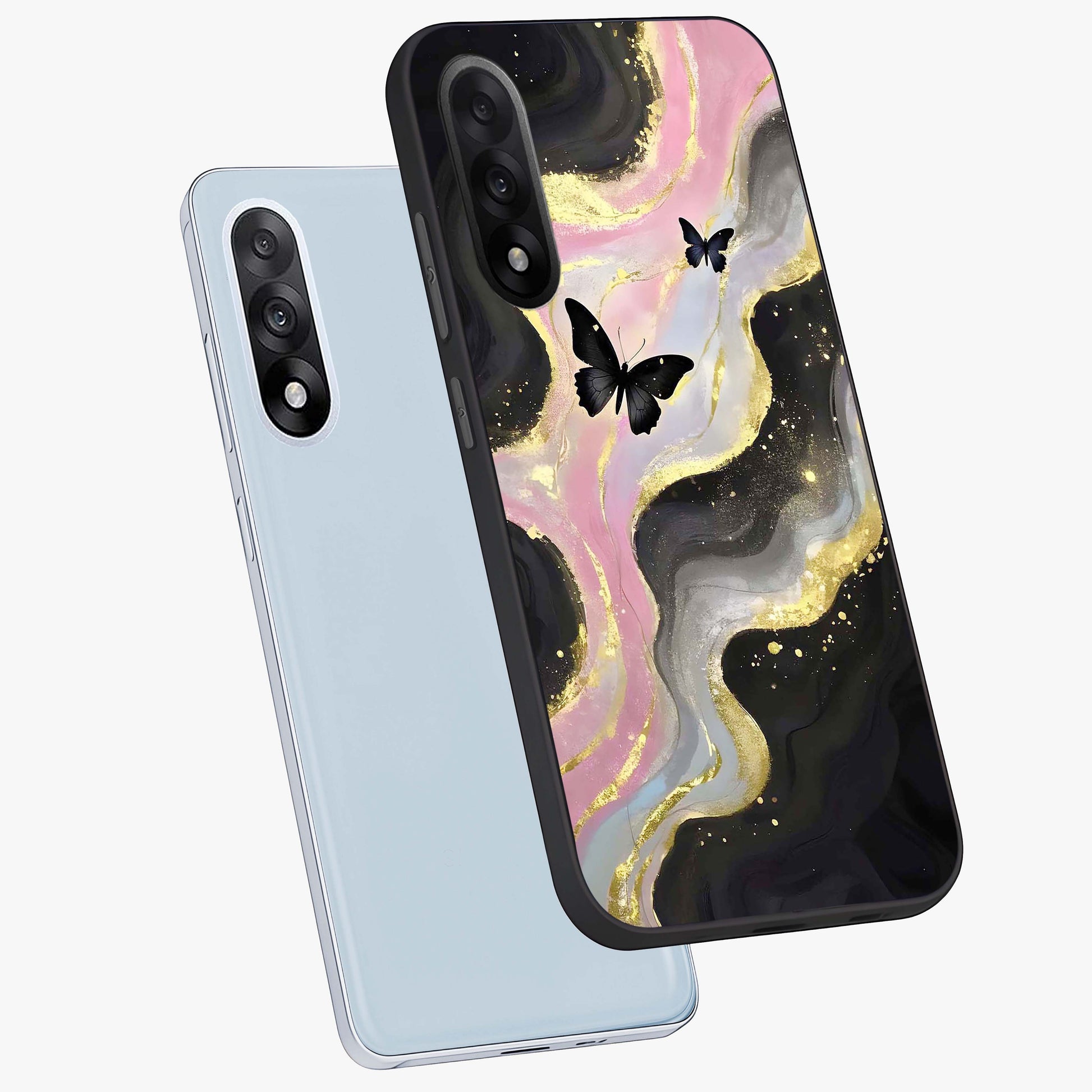 Golden Mist Butterflies Glass Case for 1+Nord 5 angled mockup showcasing glossy glass finish and luminous detailing