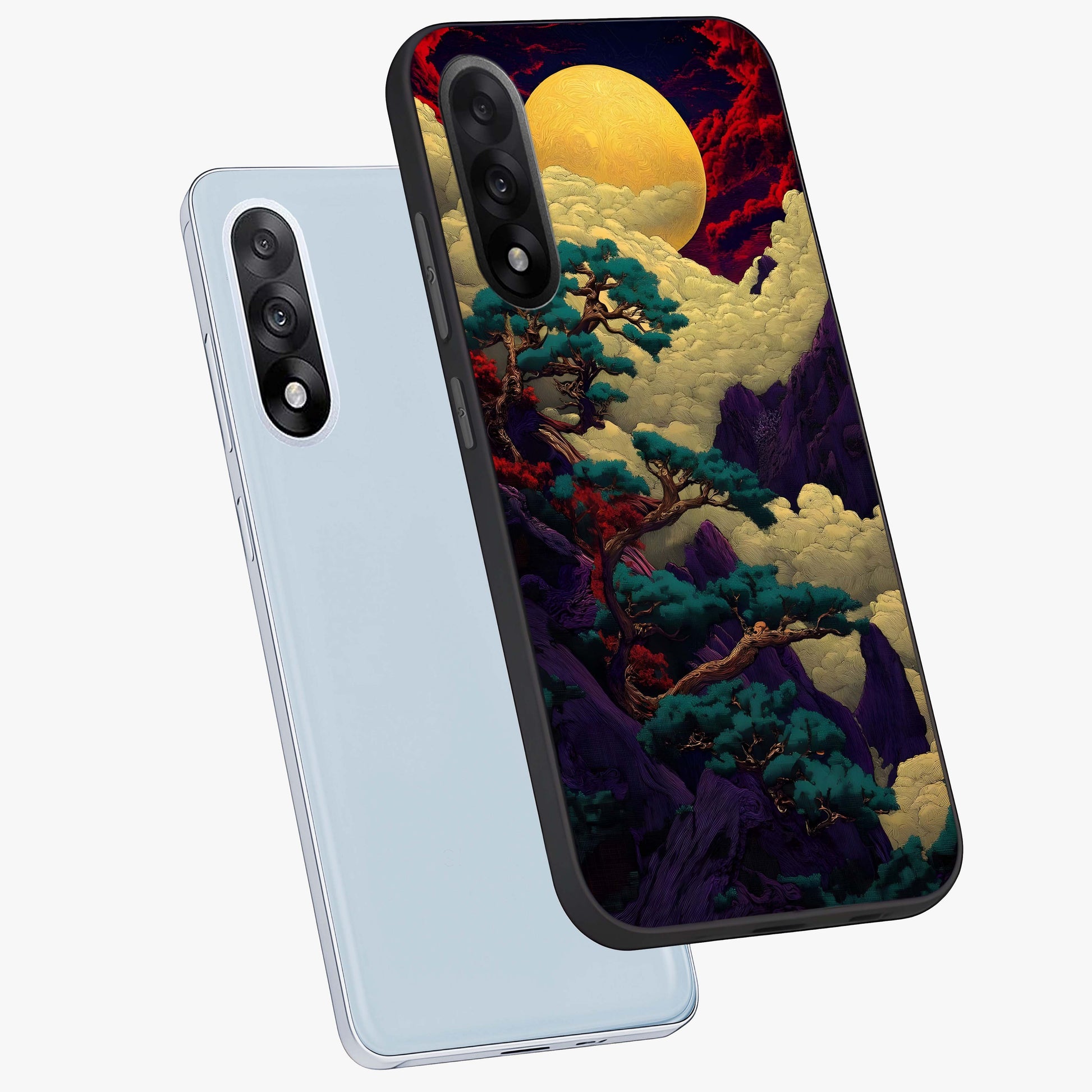 Golden Moon Horizon Glass Case for 1+Nord 5 angled mockup showcasing glossy finish and warm gradient tones
