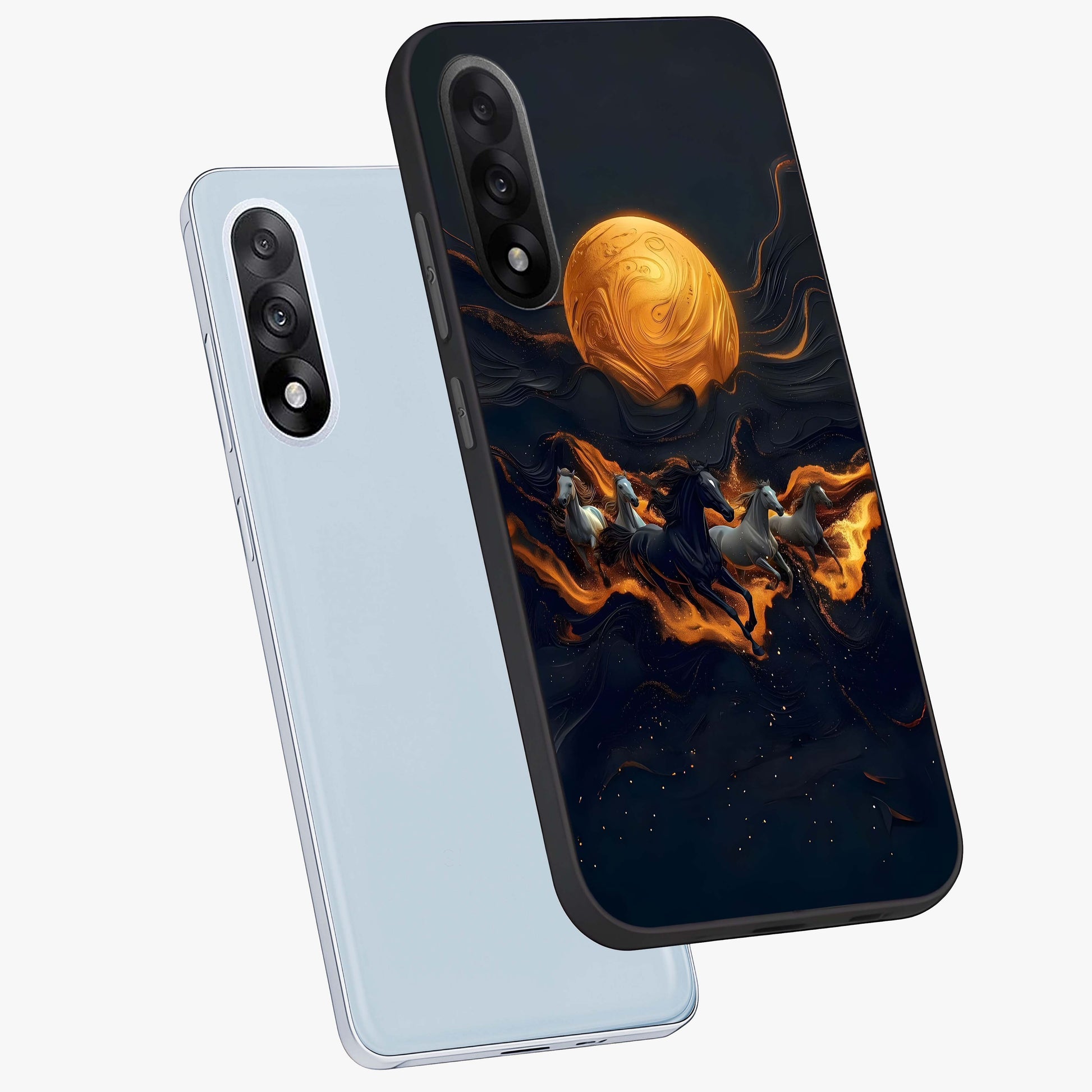 Golden Stallion Moonride Glass Case for 1+Nord 5 angled mockup showcasing glossy finish and rich celestial tones