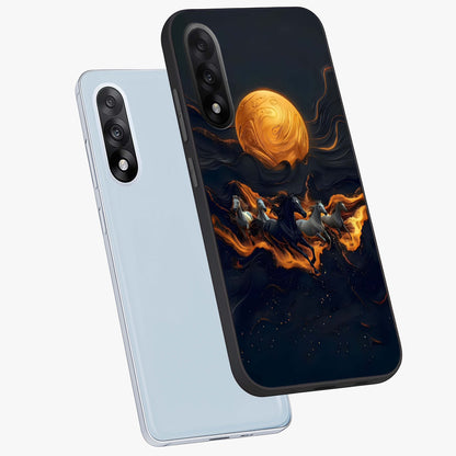 Golden Stallion Moonride Glass Case for 1+Nord 5 angled mockup showcasing glossy finish and rich celestial tones